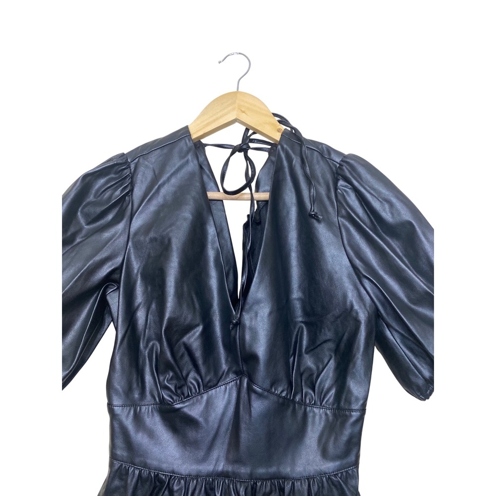 New York & Company Womens Black‎ Faux Leather Puff Sleeve Peplum Top XS Tie Back - Picture 2 of 5
